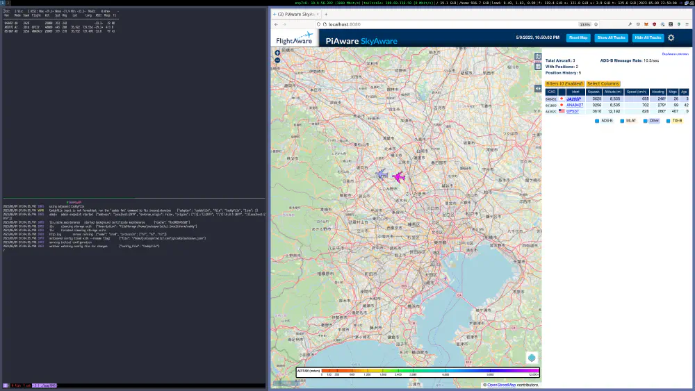 Screenshot of tmux running dump1090 and Caddy on left side. dump1090 web interface in Firefox on right side.